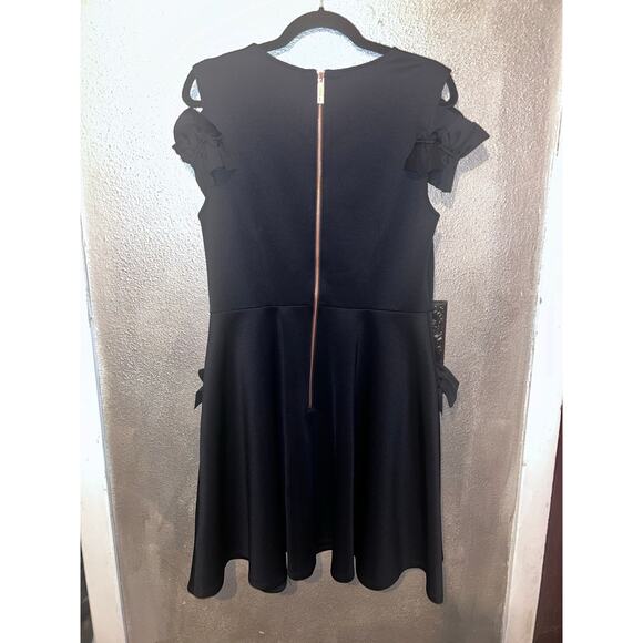Ted Baker Deneese Black Skater Dress Sz 10 Ruffle Sleeves Pockets Rose Gold Zip - Picture 12 of 16